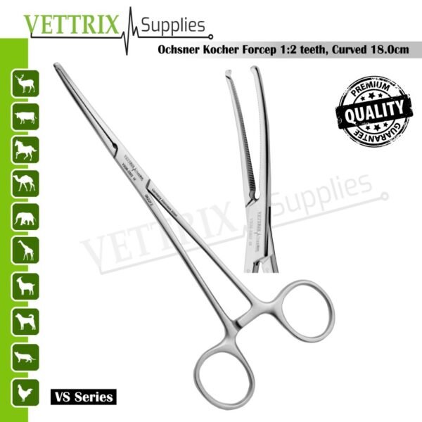 Ochsner-Kocher Forceps 1-2 Teeth Curved 18cm