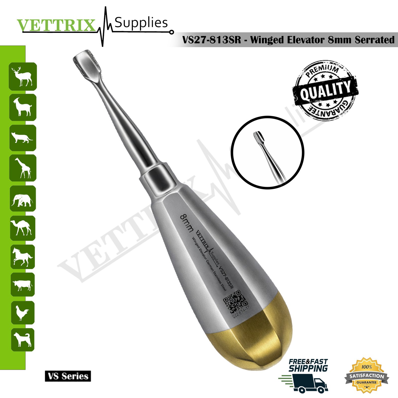 Winged Elevator 8 mm Serrated veterinary dental instrument