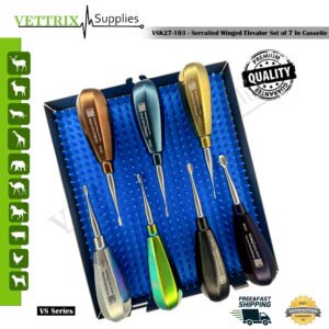 Serrated Winged Elevator Set of 7 veterinary dental instruments in cassette