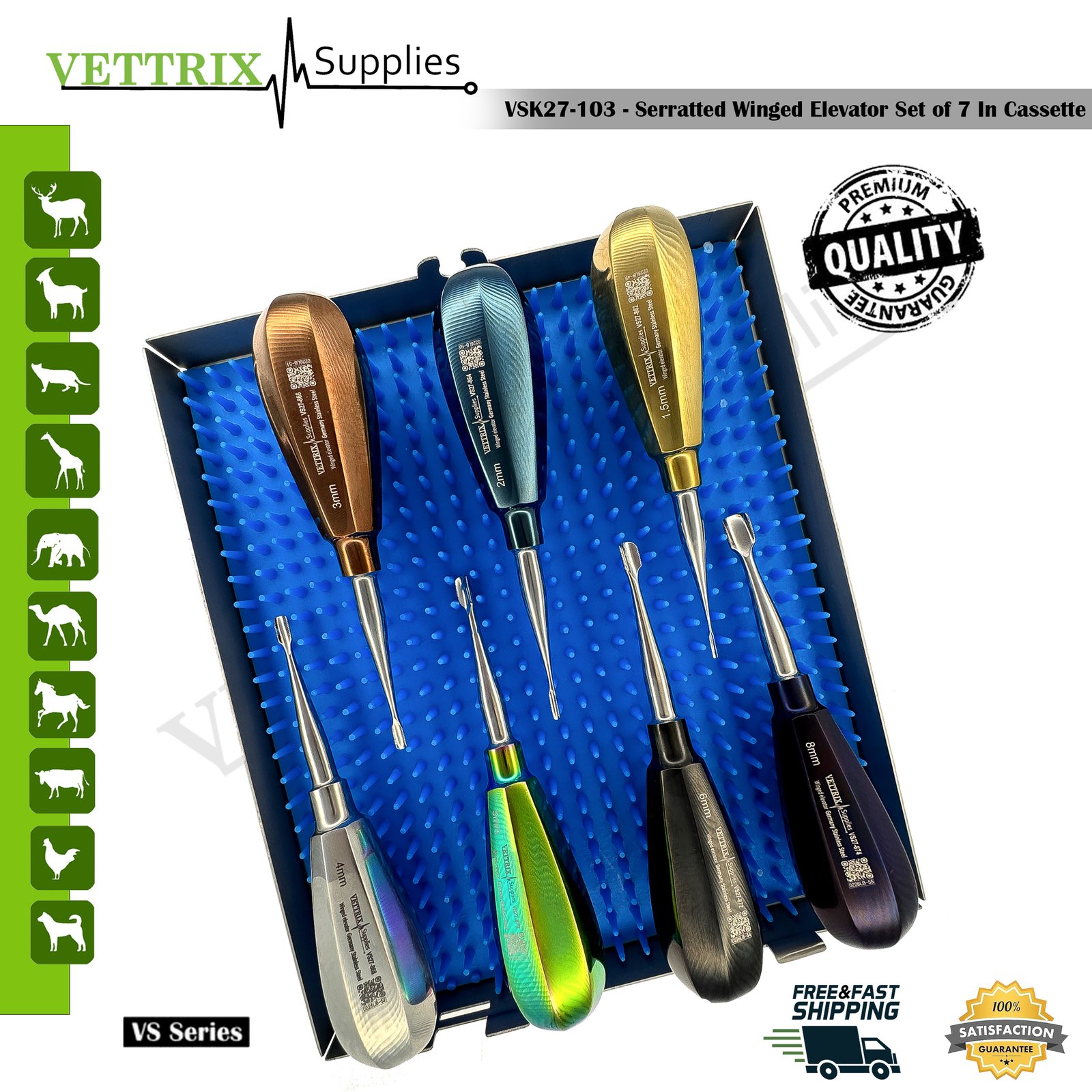 Serrated Winged Elevator Set of 7 veterinary dental instruments in cassette